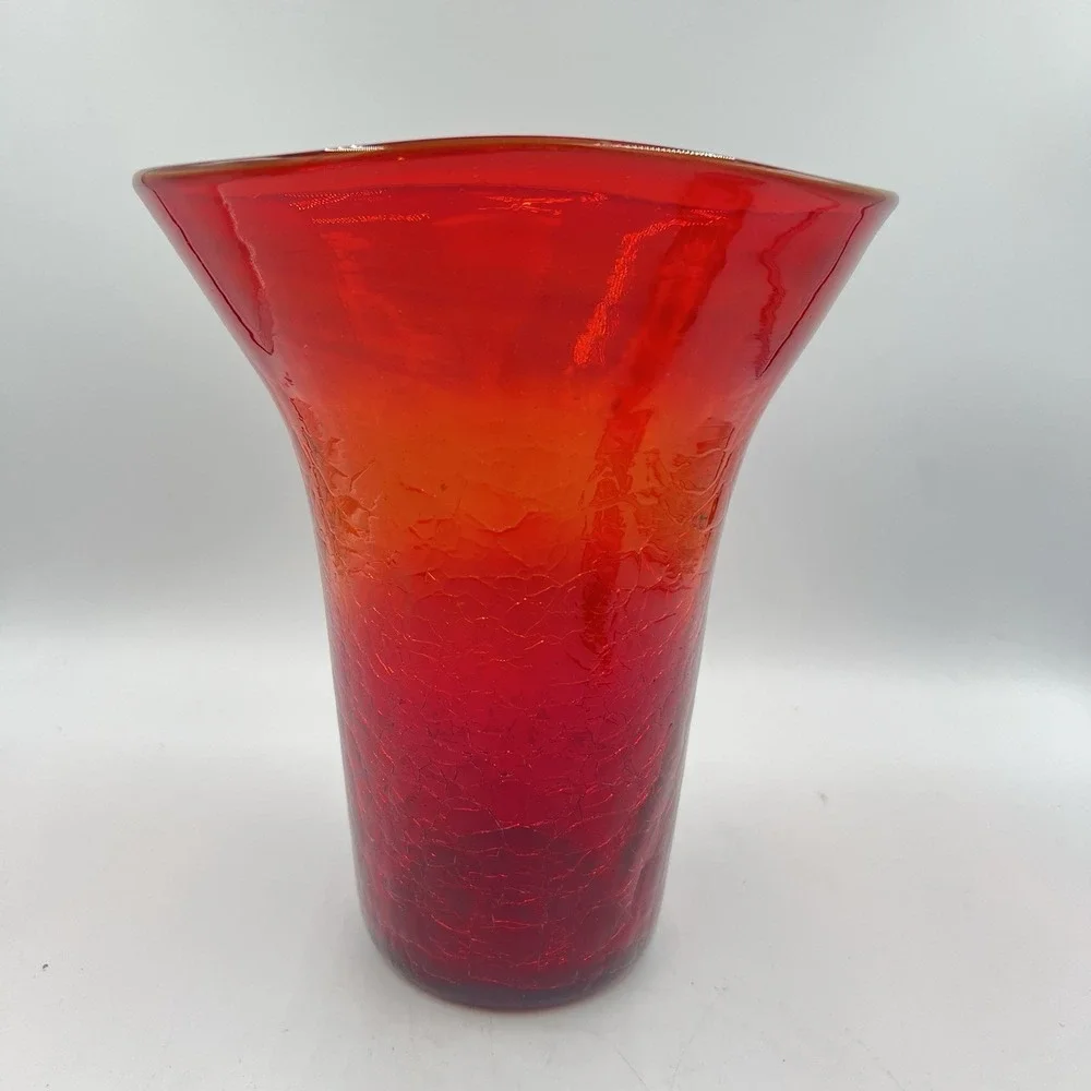 Kanawha Glass‎ Amberina Crackle Vase Flared Rim UV Glow MCM WV Art Glass VTG